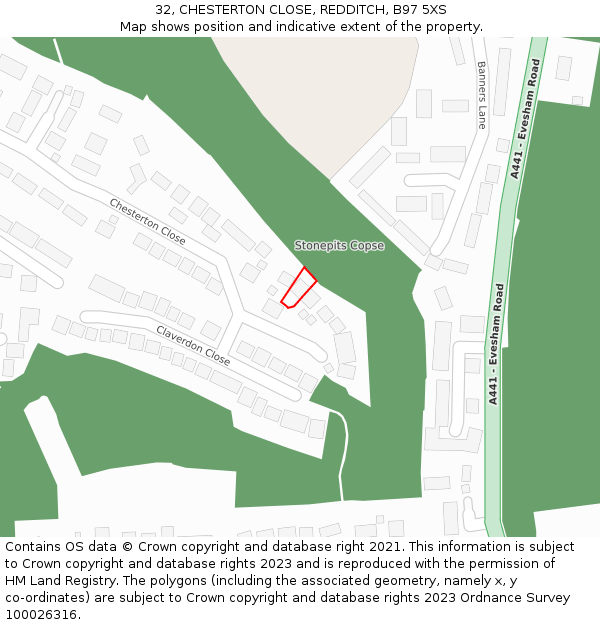 32, CHESTERTON CLOSE, REDDITCH, B97 5XS: Location map and indicative extent of plot