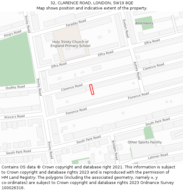 32, CLARENCE ROAD, LONDON, SW19 8QE: Location map and indicative extent of plot