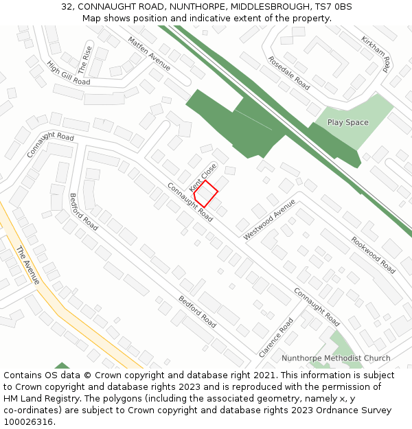 32, CONNAUGHT ROAD, NUNTHORPE, MIDDLESBROUGH, TS7 0BS: Location map and indicative extent of plot