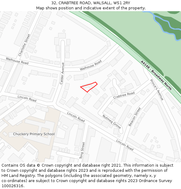 32, CRABTREE ROAD, WALSALL, WS1 2RY: Location map and indicative extent of plot