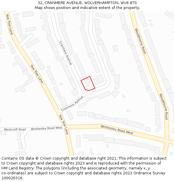 32, CRANMERE AVENUE, WOLVERHAMPTON, WV6 8TS: Location map and indicative extent of plot