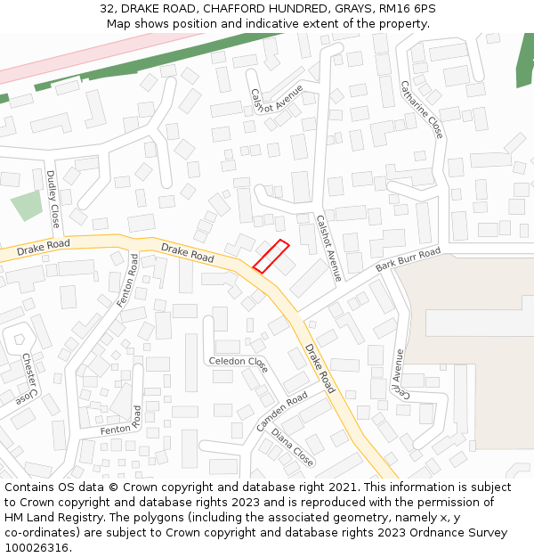 32, DRAKE ROAD, CHAFFORD HUNDRED, GRAYS, RM16 6PS: Location map and indicative extent of plot