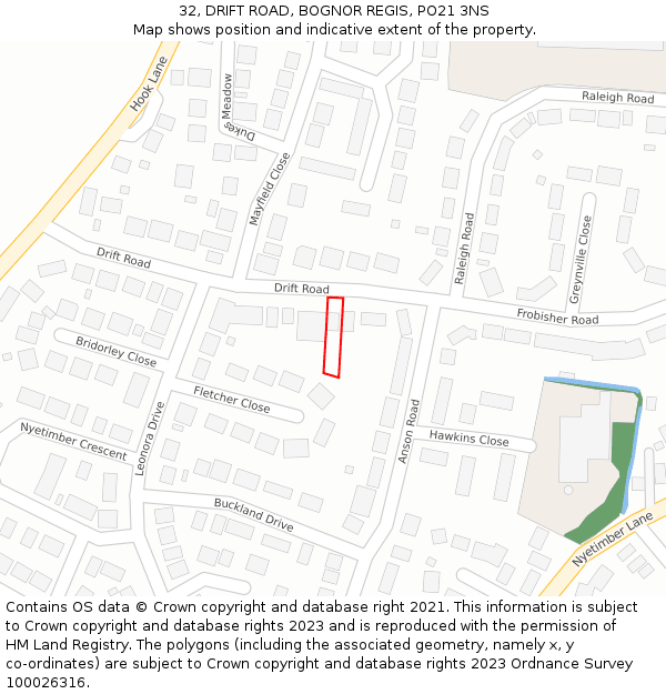 32, DRIFT ROAD, BOGNOR REGIS, PO21 3NS: Location map and indicative extent of plot