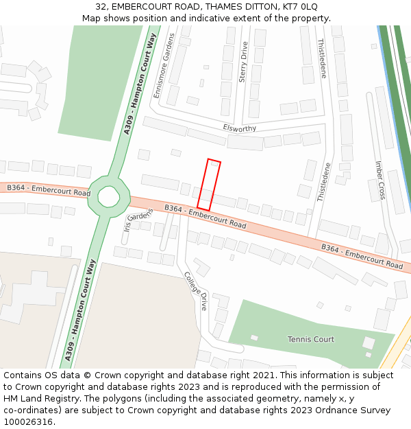 32, EMBERCOURT ROAD, THAMES DITTON, KT7 0LQ: Location map and indicative extent of plot