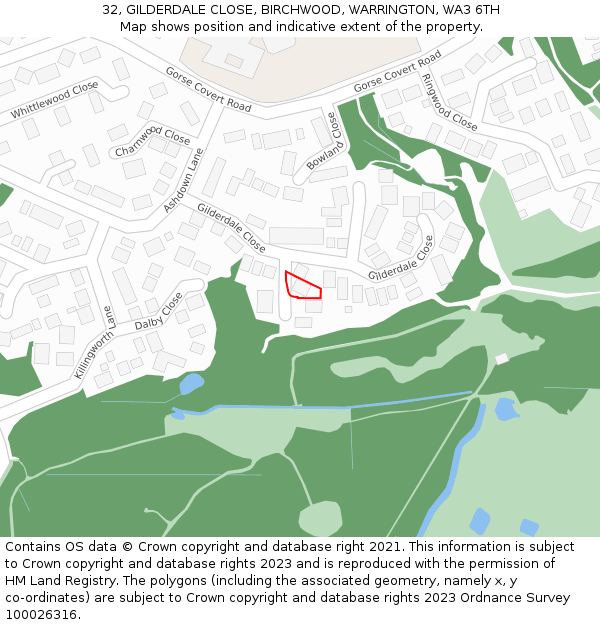 32, GILDERDALE CLOSE, BIRCHWOOD, WARRINGTON, WA3 6TH: Location map and indicative extent of plot