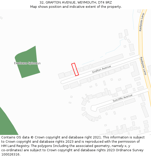 32, GRAFTON AVENUE, WEYMOUTH, DT4 9RZ: Location map and indicative extent of plot