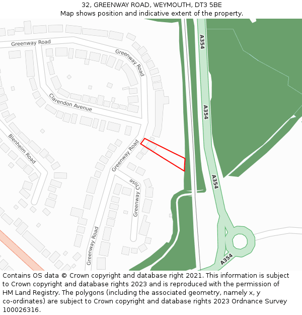 32, GREENWAY ROAD, WEYMOUTH, DT3 5BE: Location map and indicative extent of plot