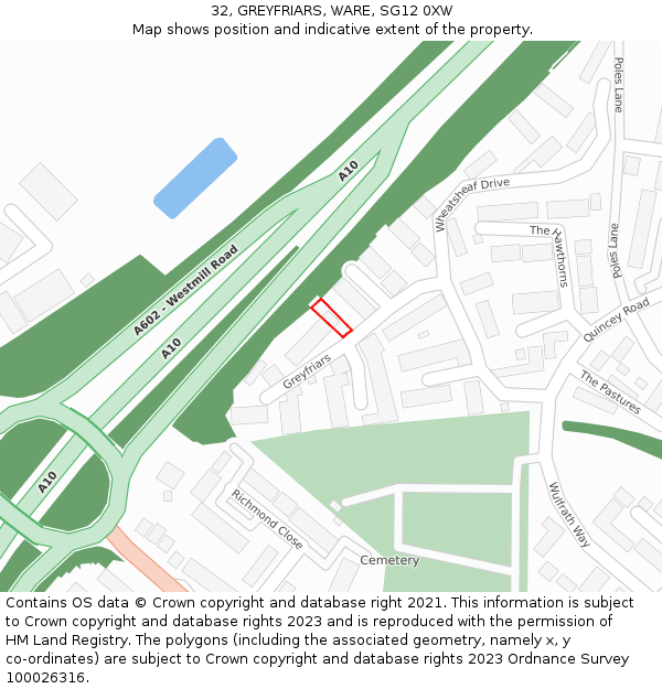 32, GREYFRIARS, WARE, SG12 0XW: Location map and indicative extent of plot