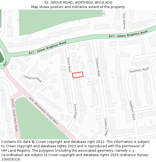 32, GROVE ROAD, WORTHING, BN14 9DG: Location map and indicative extent of plot