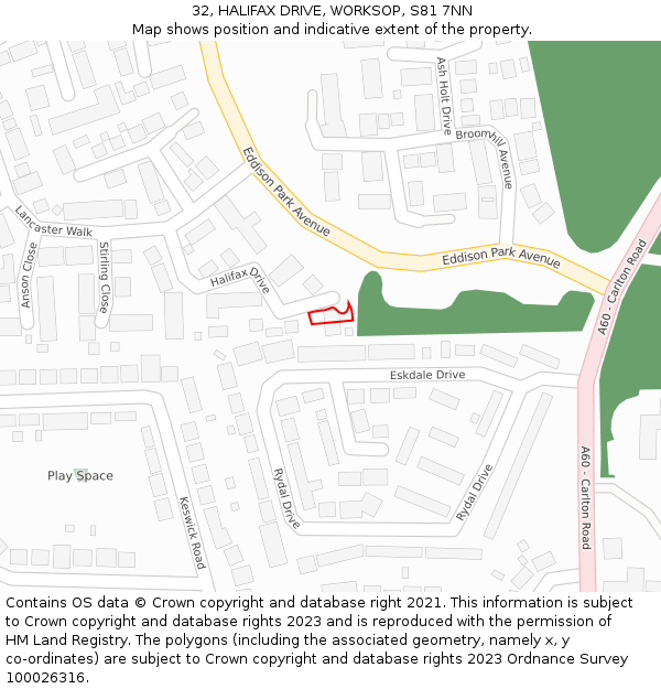 32, HALIFAX DRIVE, WORKSOP, S81 7NN: Location map and indicative extent of plot