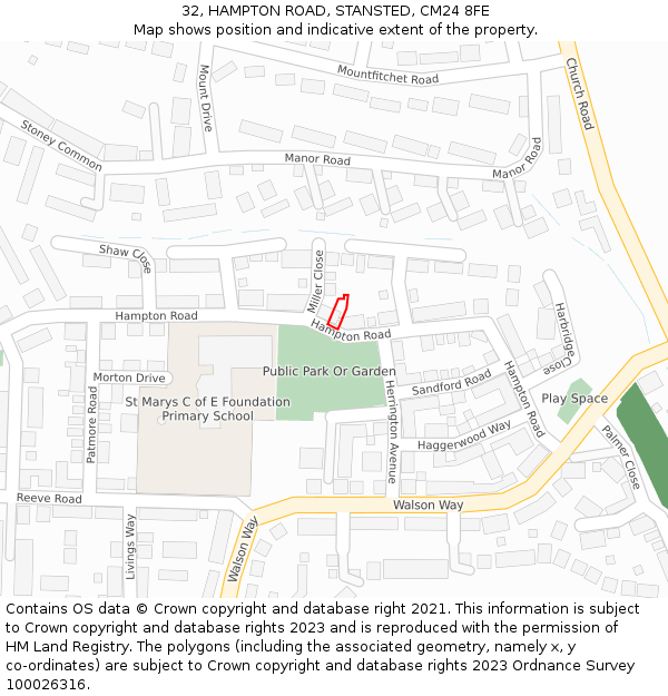 32, HAMPTON ROAD, STANSTED, CM24 8FE: Location map and indicative extent of plot