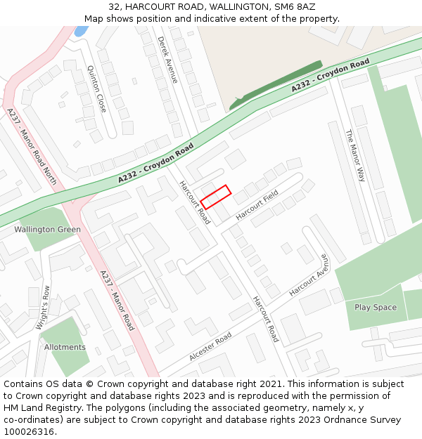 32, HARCOURT ROAD, WALLINGTON, SM6 8AZ: Location map and indicative extent of plot