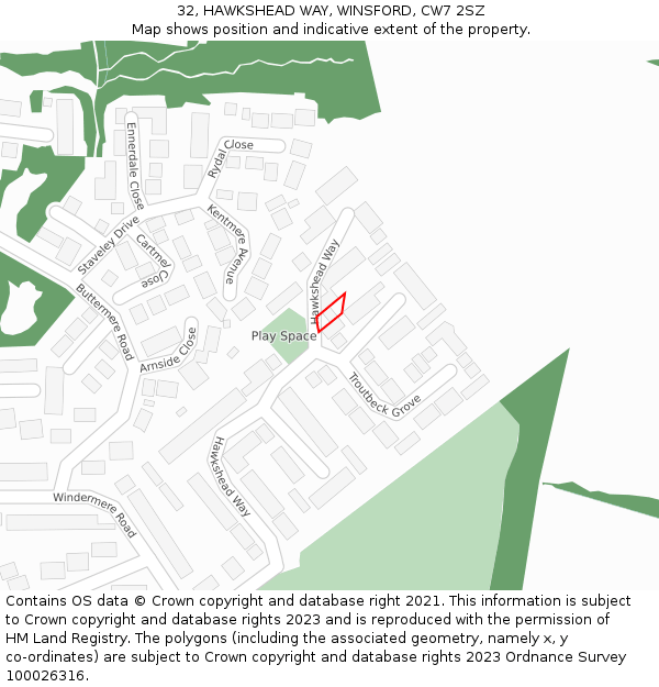 32, HAWKSHEAD WAY, WINSFORD, CW7 2SZ: Location map and indicative extent of plot