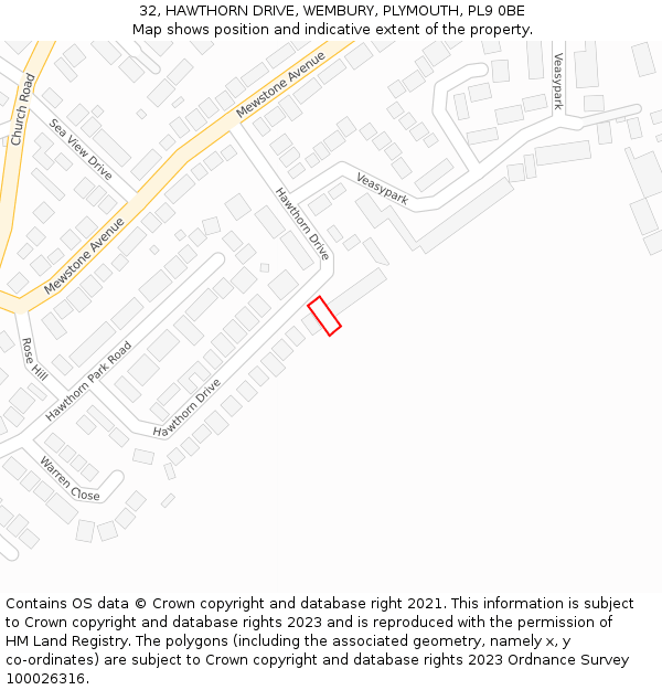 32, HAWTHORN DRIVE, WEMBURY, PLYMOUTH, PL9 0BE: Location map and indicative extent of plot