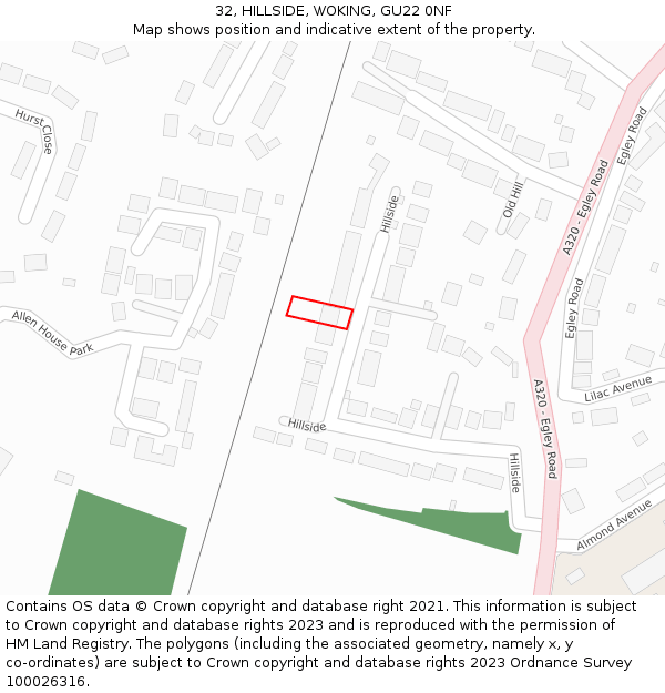 32, HILLSIDE, WOKING, GU22 0NF: Location map and indicative extent of plot