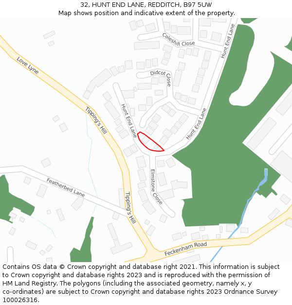 32, HUNT END LANE, REDDITCH, B97 5UW: Location map and indicative extent of plot