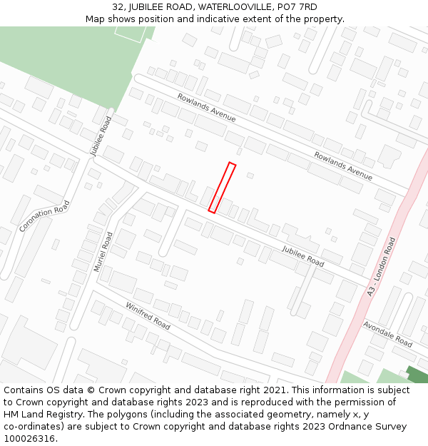 32, JUBILEE ROAD, WATERLOOVILLE, PO7 7RD: Location map and indicative extent of plot
