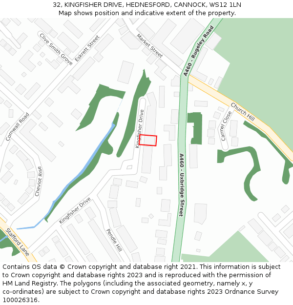 32, KINGFISHER DRIVE, HEDNESFORD, CANNOCK, WS12 1LN: Location map and indicative extent of plot