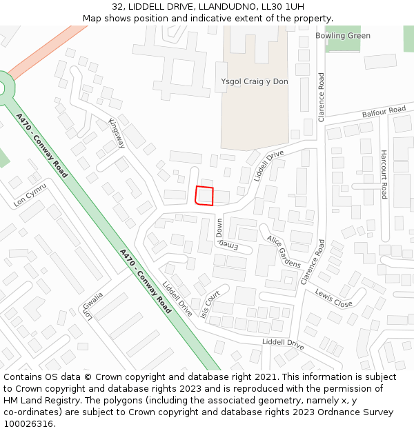 32, LIDDELL DRIVE, LLANDUDNO, LL30 1UH: Location map and indicative extent of plot