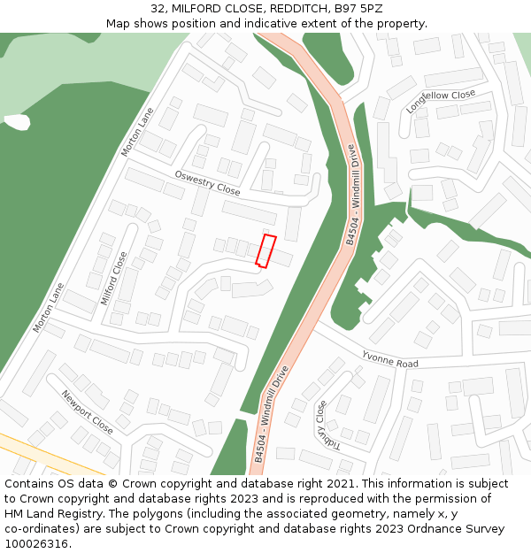 32, MILFORD CLOSE, REDDITCH, B97 5PZ: Location map and indicative extent of plot