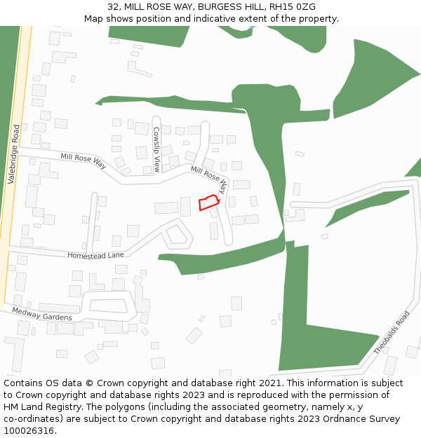 32, MILL ROSE WAY, BURGESS HILL, RH15 0ZG: Location map and indicative extent of plot