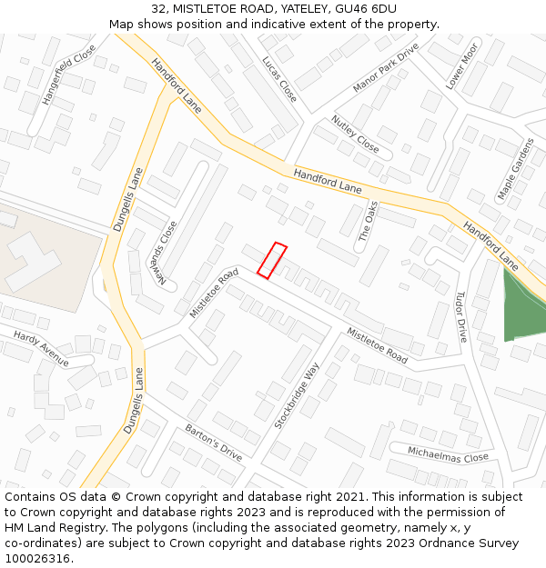 32, MISTLETOE ROAD, YATELEY, GU46 6DU: Location map and indicative extent of plot