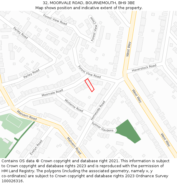 32, MOORVALE ROAD, BOURNEMOUTH, BH9 3BE: Location map and indicative extent of plot