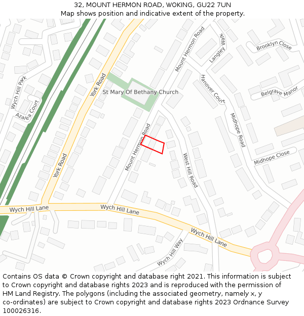 32, MOUNT HERMON ROAD, WOKING, GU22 7UN: Location map and indicative extent of plot