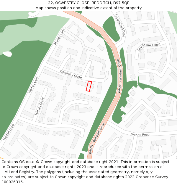 32, OSWESTRY CLOSE, REDDITCH, B97 5QE: Location map and indicative extent of plot