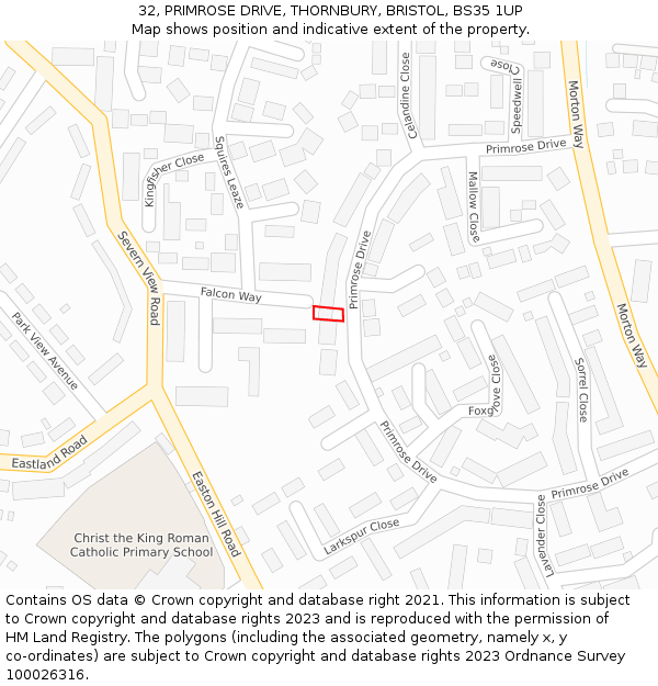 32, PRIMROSE DRIVE, THORNBURY, BRISTOL, BS35 1UP: Location map and indicative extent of plot