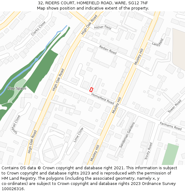 32, RIDERS COURT, HOMEFIELD ROAD, WARE, SG12 7NF: Location map and indicative extent of plot