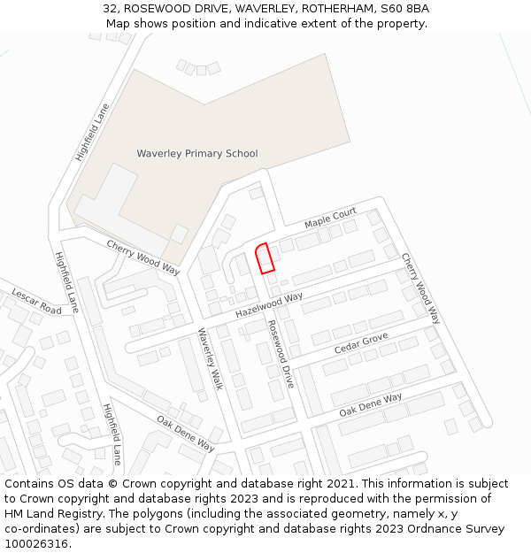 32, ROSEWOOD DRIVE, WAVERLEY, ROTHERHAM, S60 8BA: Location map and indicative extent of plot