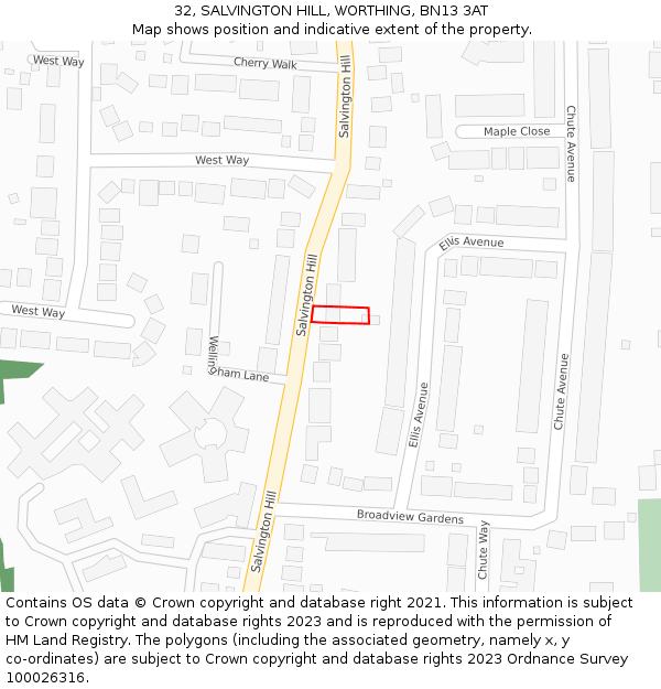 32, SALVINGTON HILL, WORTHING, BN13 3AT: Location map and indicative extent of plot