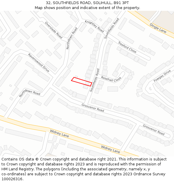 32, SOUTHFIELDS ROAD, SOLIHULL, B91 3PT: Location map and indicative extent of plot