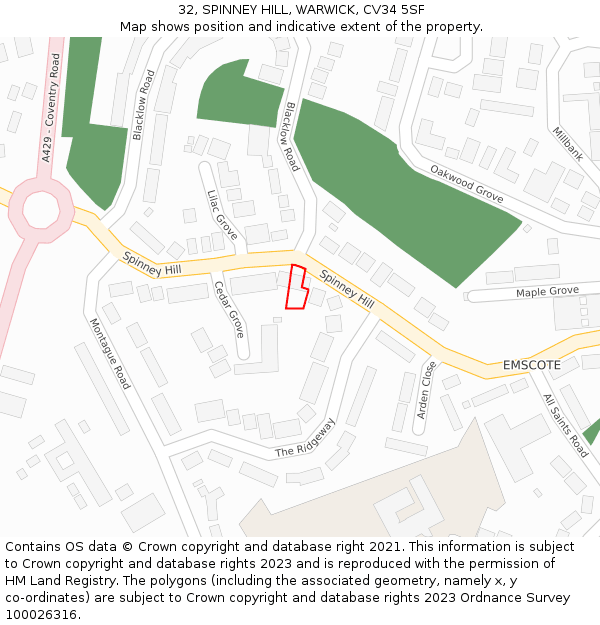 32, SPINNEY HILL, WARWICK, CV34 5SF: Location map and indicative extent of plot