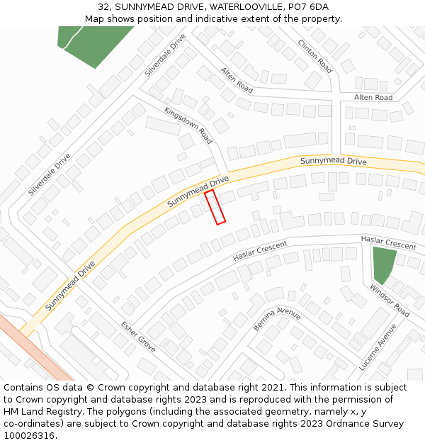 32, SUNNYMEAD DRIVE, WATERLOOVILLE, PO7 6DA: Location map and indicative extent of plot