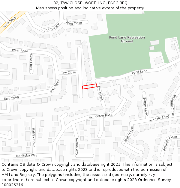 32, TAW CLOSE, WORTHING, BN13 3PQ: Location map and indicative extent of plot