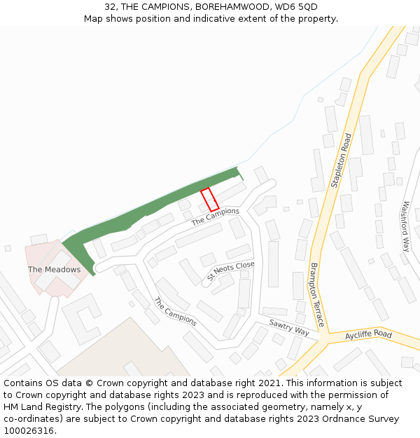 32, THE CAMPIONS, BOREHAMWOOD, WD6 5QD: Location map and indicative extent of plot