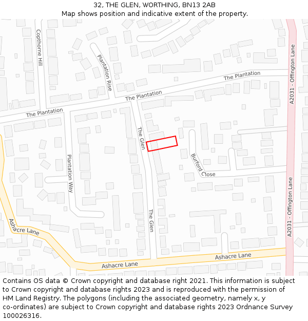 32, THE GLEN, WORTHING, BN13 2AB: Location map and indicative extent of plot