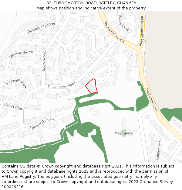 32, THROGMORTON ROAD, YATELEY, GU46 6FA: Location map and indicative extent of plot