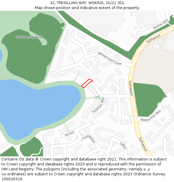 32, TRESILLIAN WAY, WOKING, GU21 3DL: Location map and indicative extent of plot