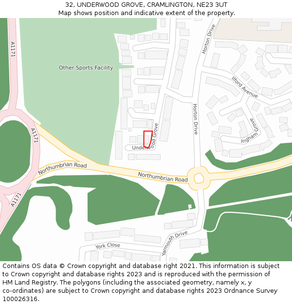 32, UNDERWOOD GROVE, CRAMLINGTON, NE23 3UT: Location map and indicative extent of plot
