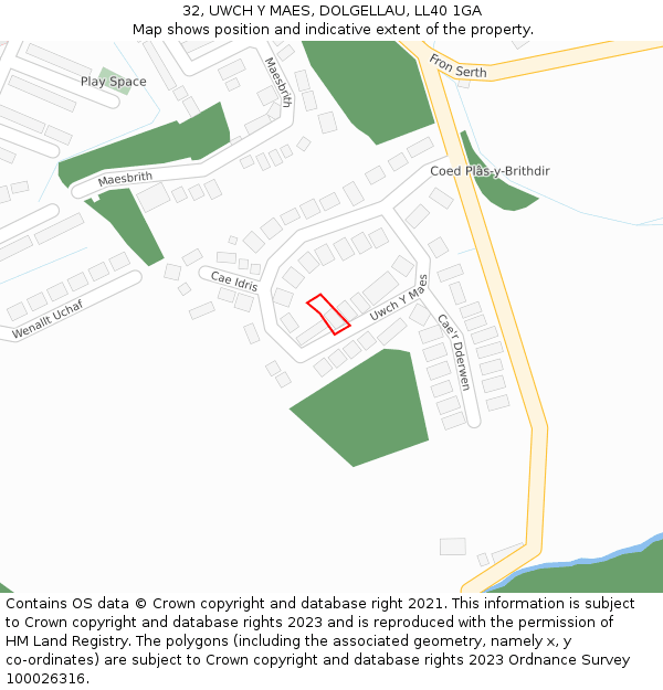 32, UWCH Y MAES, DOLGELLAU, LL40 1GA: Location map and indicative extent of plot