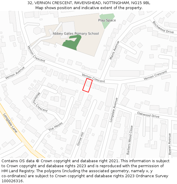 32, VERNON CRESCENT, RAVENSHEAD, NOTTINGHAM, NG15 9BL: Location map and indicative extent of plot