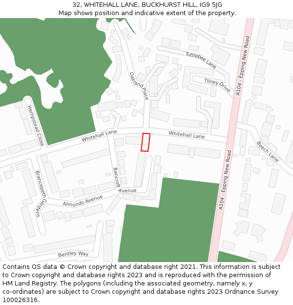 32, WHITEHALL LANE, BUCKHURST HILL, IG9 5JG: Location map and indicative extent of plot