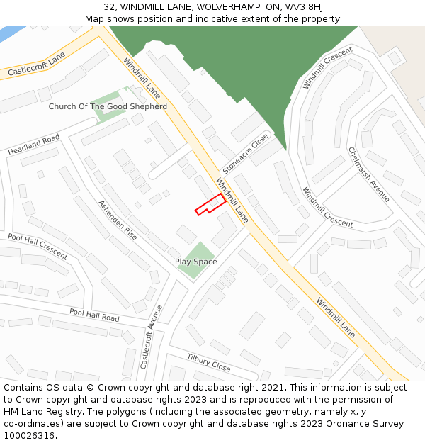 32, WINDMILL LANE, WOLVERHAMPTON, WV3 8HJ: Location map and indicative extent of plot