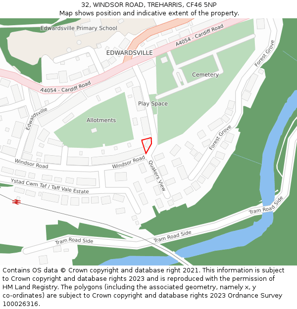 32, WINDSOR ROAD, TREHARRIS, CF46 5NP: Location map and indicative extent of plot