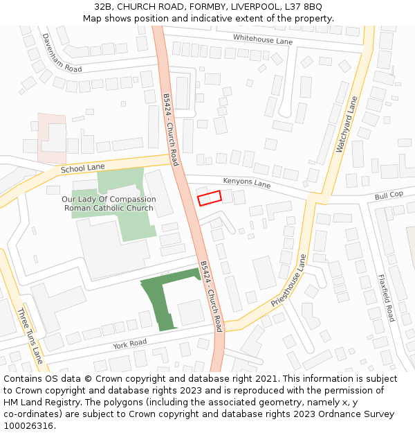 32B, CHURCH ROAD, FORMBY, LIVERPOOL, L37 8BQ: Location map and indicative extent of plot