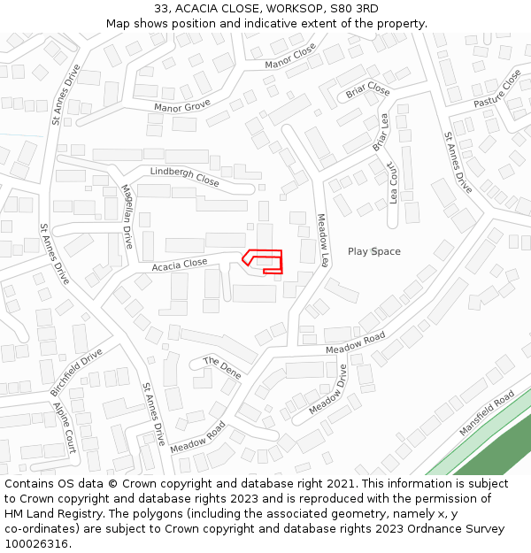 33, ACACIA CLOSE, WORKSOP, S80 3RD: Location map and indicative extent of plot