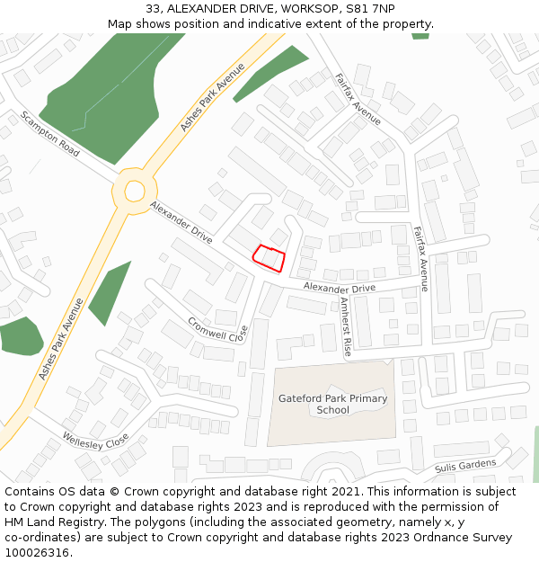 33, ALEXANDER DRIVE, WORKSOP, S81 7NP: Location map and indicative extent of plot